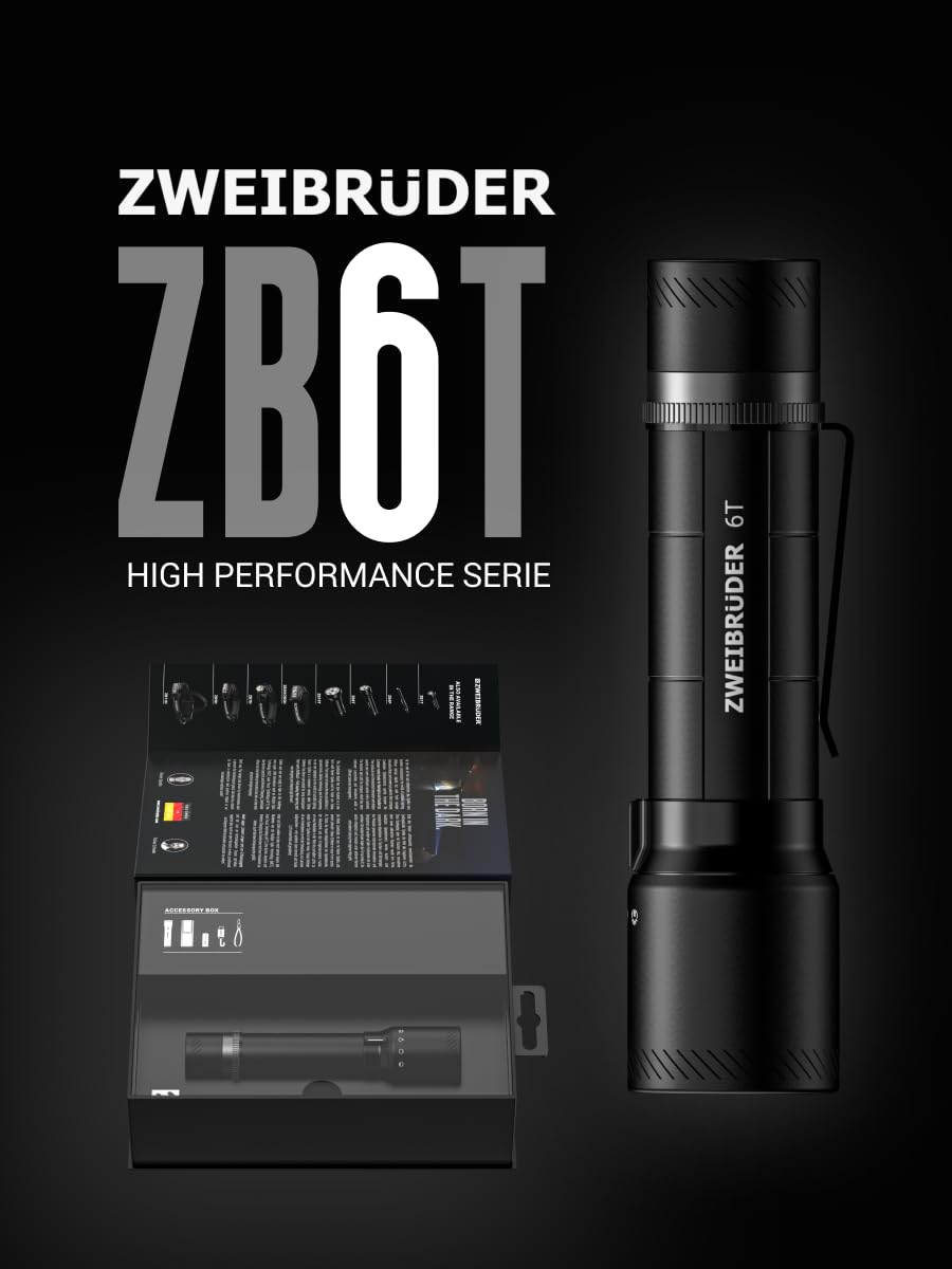 Zweibrüder ZB6T Lampe Torche LED 3000 lm, Auto Focus, USB-C | Lampe Torche Puissante, MOT Multiple Optic Technology, AFT, Batterie Intégrée, Étanche IP67, pour Outdoor et Randonnée