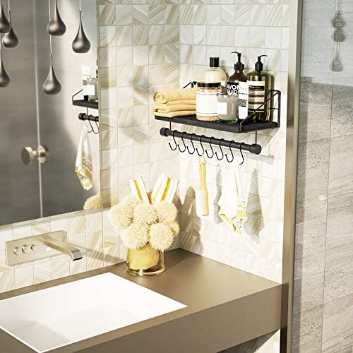 Alsonerbay Kitchen Shelf Wall Mounted Floating Shelf Wood Floating Wall Shelves with Hooks Rustic Shelf with Towel Bar for Bathroom, Bedroom, Living Room Black