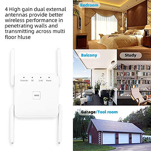 1200Mbps WiFi Booster Range Extender Repeaters, 2.4 & 5GHz Dual Band WPS Wireless Signal 4 Antennas 360° Full Coverage, Extend WiFi Signal to Smart Home & Alex Devices (White)