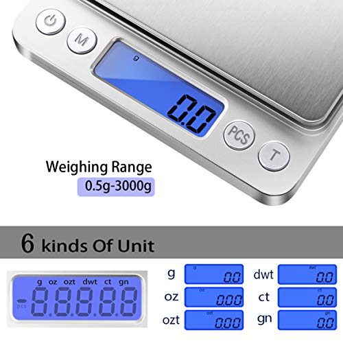 Fuzion Digital Kitchen Scale 3000G/ 0.1G, Pocket Food Scale 6 Measure Modes, Gram Scale With 2 Trays, Lcd, Tare, Digital Scale Grams And Ounces For Food, Cooking, Nutrition, Reptiles(Battery Included) #TOP1
