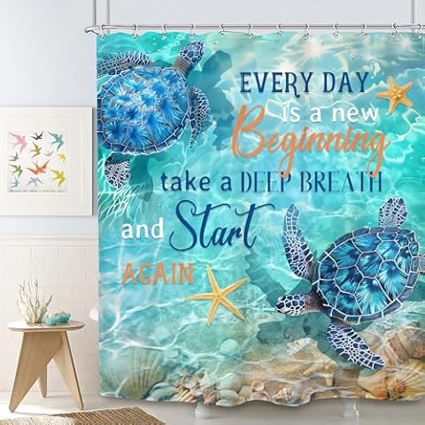 SVBright Sea Turtle Shower Curtain 60Wx72L Inch Blue Ocean Quotes Nautical Beach Starfish Seashell Coastal Underwater Motivational 12 Pack Hooks Polyester Waterproof Fabric Bathroom Bathtub Panels Cover
