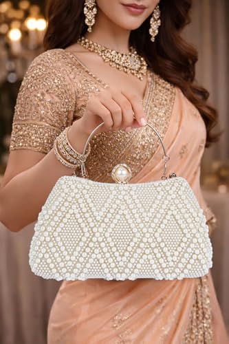 Image of Lady Quinton Pearl and Rhinestone Evening Clutch Bag, Bridal Party Handbag with Chain Strap