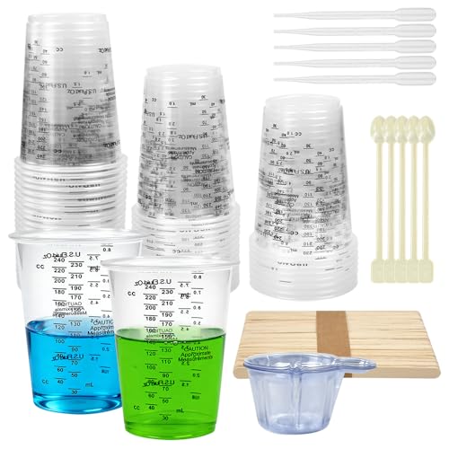 Vurixfo 50 Pcs Epoxy Resin Mixing Cups 8oz Resin Measuring Cup Plastic Graduated Cups with Stirrers Sticks 40ml Paint Mixing Cup & Pipette for Precise Dosing Liquids Resin Pigment 240ml