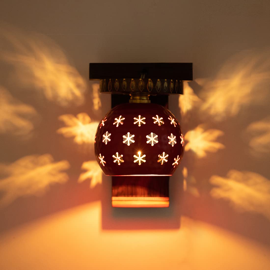 ExclusiveLane Wooden Wall Lamp Wall Lights for Living Room | 'Dome Shaped' Teak Wood & Metal Handpainted Decorative Wall Hanging Light for Home Decor (8 Inch, Red & Dark Brown, Without Bulb)