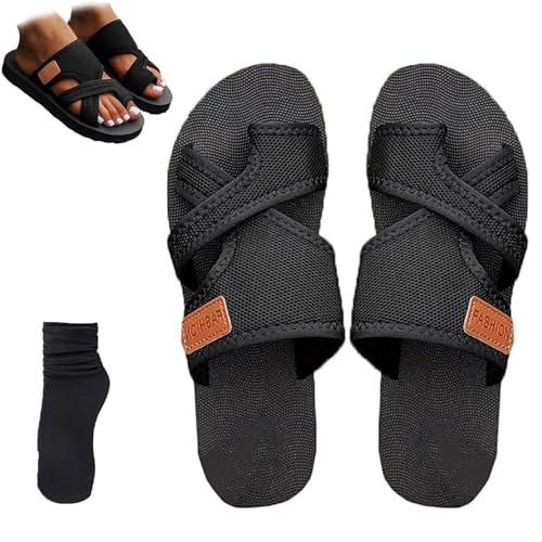 Women's Comfortable Breathable Mesh Flip Flops, Stylish Hollow Orthopedic Slide Non-Slip Beach Sandals with Arch Support(Black,6)