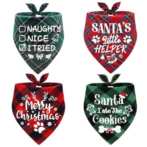 4 Pack Merry Christmas Dog Bandanas Classic Plaid Xmas Dog Christmas Scarf Bibs Kerchief Gift Set...