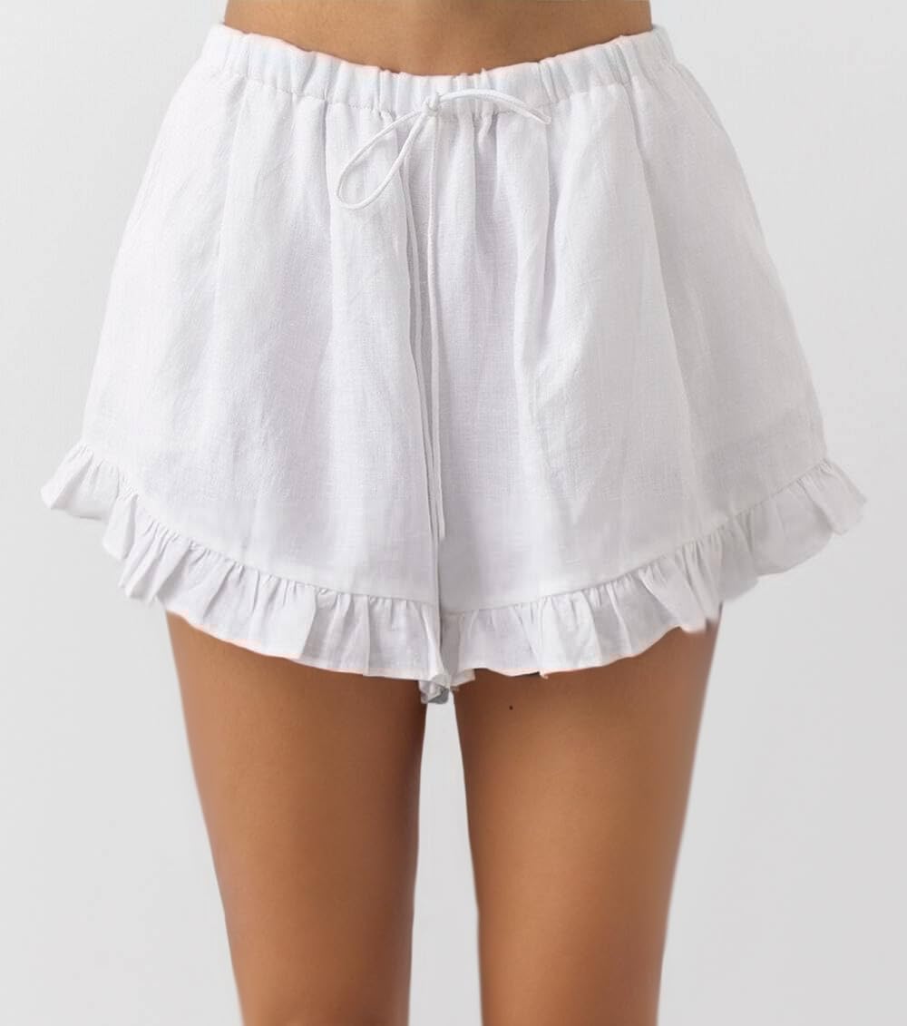 Mxiqqpltky Linen Pajamas Women Set Sleeveless Lace Trim Tank Top and Boxer Shorts Y2k Ruffle Matching Sets Lounge Beach Set - Image 7