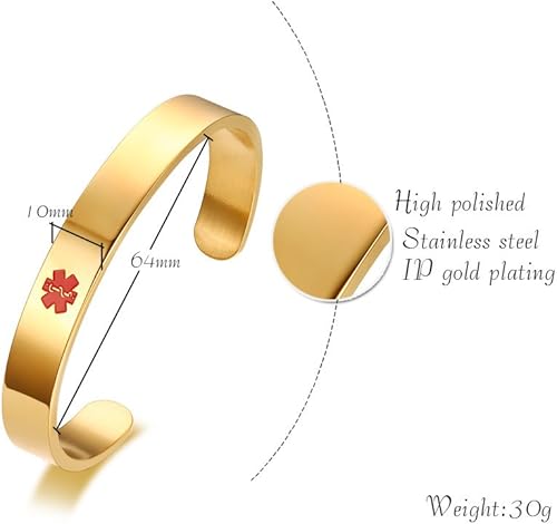 Miniatura 2 de VNOX Pulsera médica personalizada con identificación de alerta de condición médica, brazalete de acero inoxidable, negroplatachapado en oro