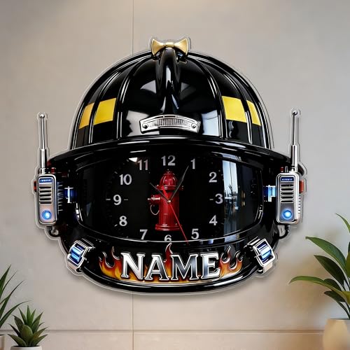 HCLRIU Horloge Murale Personnalisée avec Motif Casque De Pompier, Horloge Murale avec Nom...