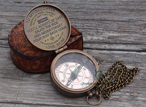 Brújula magnética direccional náutica vintage antigua con cita grabada y estuche de cuero miniatura 3