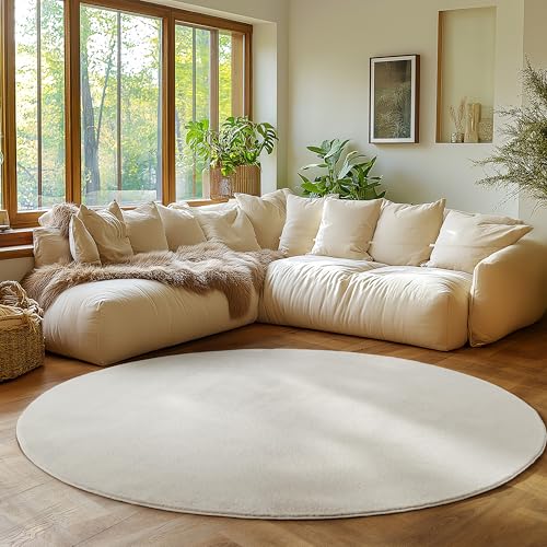 SIMPEX Tapis Rond Crème 200 cm Tapis à Poils Courts Lavable, Rond, Doucement Antidérapant et Design Monochrome Moderne pour Salon, Chambre, Cuisine et...