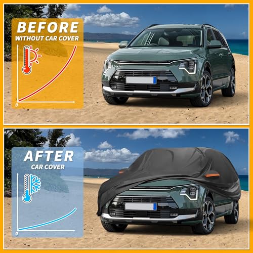 Image of All-Weather Waterproof Car Cover - UV-Resistant Outdoor Full Exterior Protection for Kia NIRO 2016-2023 210D-PU Black with Right Side Zipper