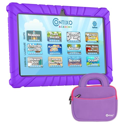 Image of Contixo 7 inch Kids Tablet - V8 Tablet for Kids and Sleeve Bag Bundle, Age 3-7, Learning Tablet for Children with Teacher's Approved Apps, 32GB, Android 11, Parental Controls - Purple (Girls)