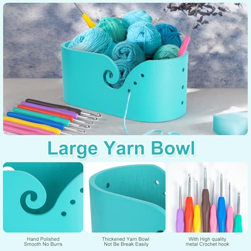 Image of Bamboo Yarn Bowl Oval Crochet Yarn Holder with 9pcs Knitting Hooks Yarn Storage Crochet Bowl for Crocheters Large Yarn Bowl for Crocheting Knitting Lovers Beginners 11.3 x 5.9 x 4.7 inch,Blue