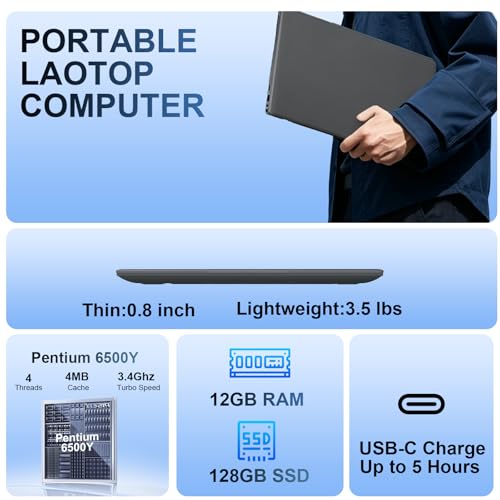 Image of Laptop 15.6 Inch, 12GB RAM Laptops with Pentium Gold 6500Y (Up to 3.4GHz), 128GB SSD, FHD IPS Screen, USB C, USB 3.2, HDMI, WiFi, Lightweight Laptop for Student, Home and Everyday Use