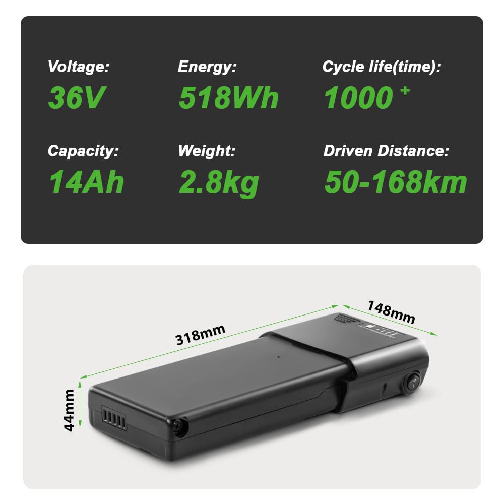 E-Bike 36V 10,4/14Ah Li-ION Batteriede Remplacement de Vélo Electrique XH370-10J PortaPower pour e-Bikes Ansmann, Phylion, MiFa, Zündapp, Rehberg (36V 14Ah Batterie sans Chargeur)