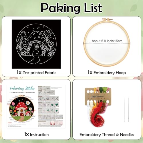 Image of Louise Maelys Mushroom Cottage Embroidery Kit for Adults with Complete Tool