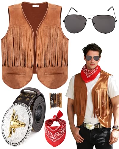 PARTTELY Cowboy Costume Outfit for Men,Cowboy Suede Leather Vest Hat Necktie Buckle Belt for Halloween Costume Party