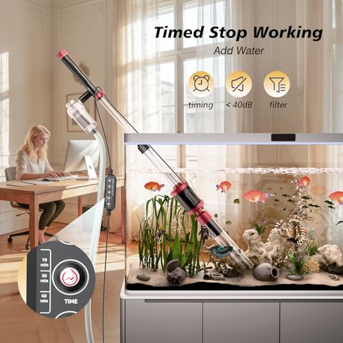 Image of AKKEE Aquarium Vacuum Gravel Cleaner, 36W Electric Fish Tank Cleaner Vacuum, 8 in 1 Multifunctional Aquarium Cleaner for Automatic Water Change, Wash Sand, Water Circulation and Timed Off, red