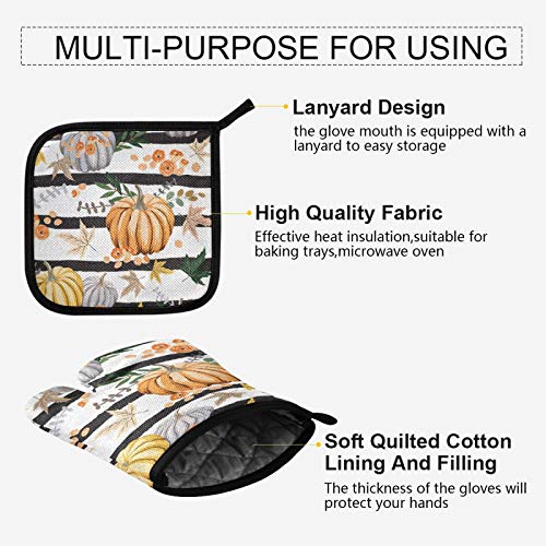 Thanksgiving Fall Pumpkins Oven Mitts And Pot Holders Sets Heat Resistant Hot Pads Flowers Leaves Striped Cooking Gloves Handling Kitchen Cookware Bakeware Bbq #TOP3