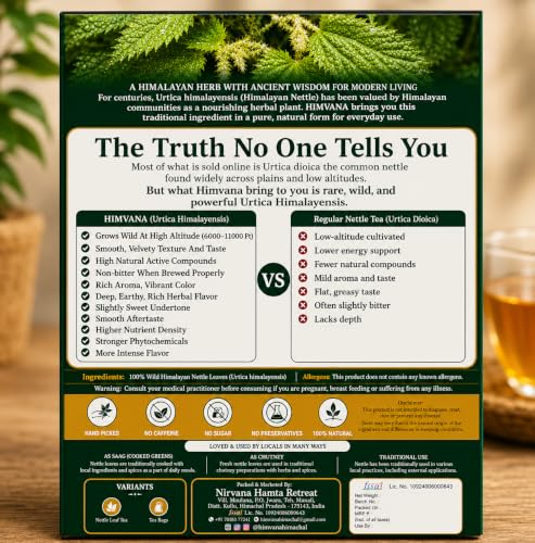 Image of Wild Himalayan Nettle Slimming Tea. Rare Herb Urtica Himalayensis. Visible Whole Leaves Premium Herbal Tea. Rich and Velvety Taste. Rich in Antioxidants, Vitamins & Minerals. Traditionally used for Pain Relief, Detox as well in Himalayan Food Recipes. Grows only in High Altitude in Himalayas (30 Gm, Starter Pack)