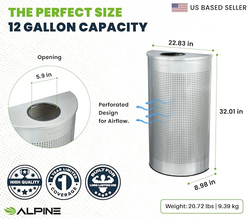 Image of Alpine Half Round Trash Can Open Top - Modern 12 Gallon Stainless Steel Space Saving Indoor Commercial Trash Can, Narrow Garbage Can for Bathroom. Office, Lobby and Business.
