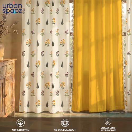 Image of Urban Space Floral 100% Cotton Curtains For Window, Set Of 3 Curtains 5 Feet Long, 60-65% Light-Filtering Curtain, Tieback&Eyelets Included With Curtains For Home Decor (High Garden & Yellow, 5 Feet)