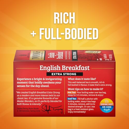Image of Twinings Extra Strong English Breakfast Black Tea Individually Wrapped Bags, 20 Count (Pack of 3), Robust, Caffeinated, Enjoy Hot or Iced, 20 Teabags