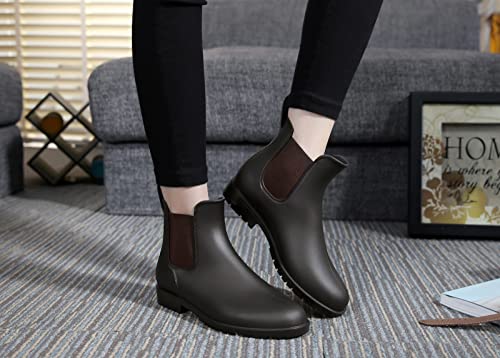 Acfoda Kurze Damen Gummistiefel Herren Regenstiefel Wasserdicht Lack Regen Schuhe Ankle Chelsea Boots Gummi Stiefel mit Blockabsatz Braun Gr.38