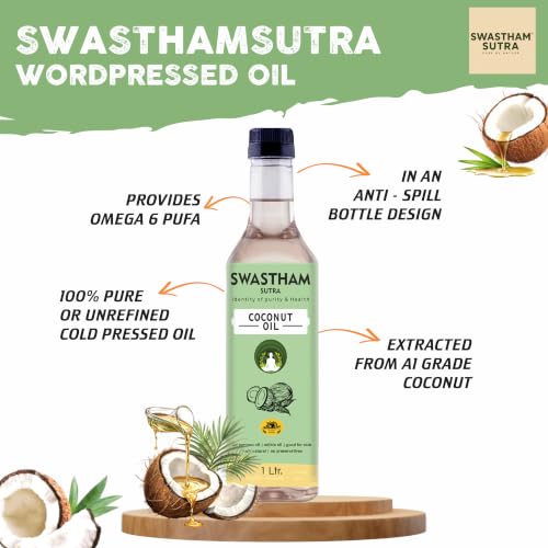 Image of SWASTHAM SUTRA Wood Pressed Coconut Oil | 100% Pure, Unrefined & Cold Pressed Coconut Oil | Extracted from A1 Grade Coconut | Natural Edible Oil for Cooking, Skin & Hair Care | Anti-Spill Bottle (250ml)