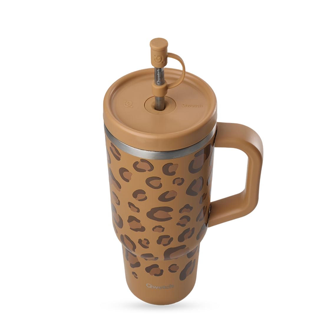 QWETCH - Travel Cup 900ml avec Paille & Anse - 48h Glacé / 12h Froid - Gourde Isotherme Inox Recyclé - Mug avec Bouchon à Vis Anti-Éclaboussures - Tasse Thermo - Leopard Camel