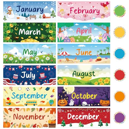 60 Pcs Holiday Monthly Headliners Set Colorful 12 Months of The Year Headers Monthly Calendar Headers Seasonal Bulletin Board with 48 Round Colorful Cutouts for Classroom Office Decoration Supplies
