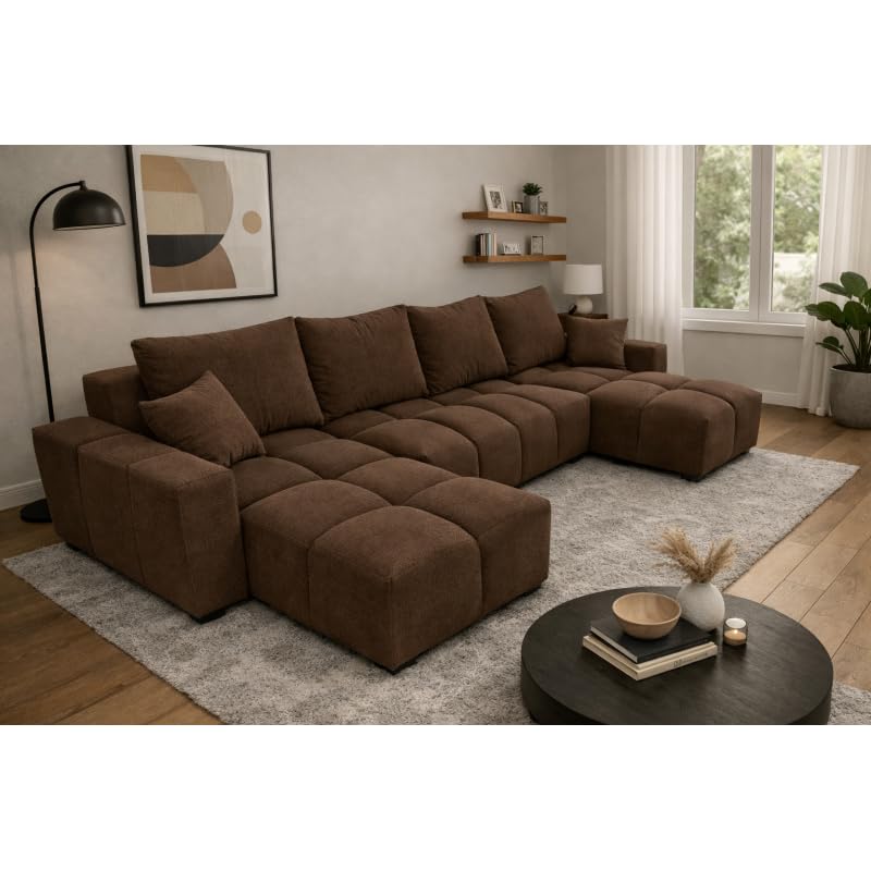 Tendencio Canapé d’Angle panoramique Convertible COLINIA Effet Nuage en Tissu - 6 Places - 325 cm (Marron)