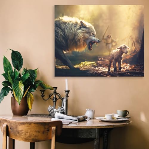 Image of Christian Wall Art Canvas Print, Jesus with Wolf and Lamb Religious Wall Decor, Faith Inspired Framed Artwork for Living Room, Bedroom, Prayer Room and Church Decorations, Gallery Wrapped Ready to