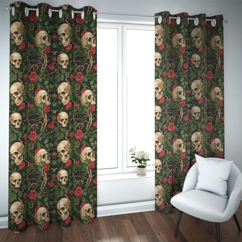 HOBBOY Skull Floral Curtains Romantic Love Romantic Couple Halloween Window Drapes Red Roses Darkening Privacy Curtains for Bedroom Living Room 2X W38xL63in