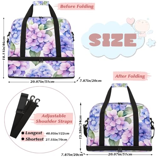 Flower Purple Hydrangea Travel Duffel Bags for Women & Men Large Sports Gym Bags Foldie Weekender Overnight Bag Carry On Tote Bag With Shoe Compartment Personal Item Luggagefor Travel Sports Gym2