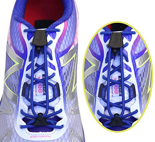 Yankz! SureLace No Tie Elastic Shoelace System with 2 Lock Adjustment - Locking Lace Replacement for Kids, Adults, and Senior Walking and Running Shoes (Royal Blue Laces - Black Locks)