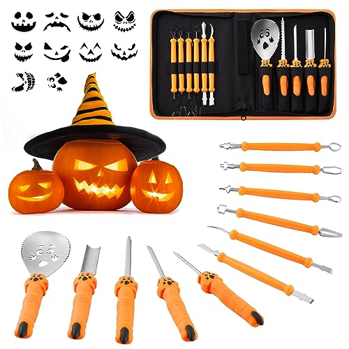 COOLUCK Kürbis Schnitzset mit Vorlagen - 11 Stück Halloween Kürbis Schnitzwerkzeug Carving Set mit Tragetasche und 10 Stück Schnitzvorlagen, Kürbis Schnitzmesser für Kinder & Erwachsene