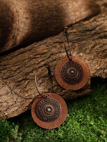MINACHI Vintage Boho Multilayered Antique Metal Flower Charm Wooden Disc Dangle Drop Earrings, Bohemian Statement Jewelry Gift for Women3
