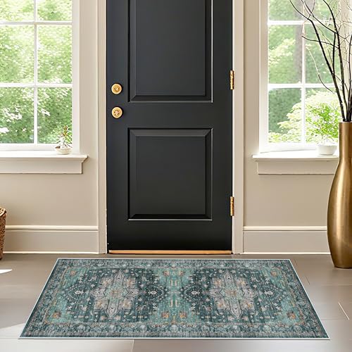 Living Room 2x5 Runner Rugs - Boho Rugs for Living Room Stain Resistant Carpet Vintage Tribal Rugs for Bedroom Kitchen Bathroom with Non Slip Backing Home Decor Floor Decoration Mat 2x5 Teal