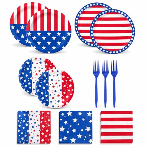4th of July Independence Day Tableware Supplies Red White Blue Star Pattern Disposable Dinnerware Set 250th Anniversary Party Favors for Indoor Outdoor Memorial Day Decor for Holiday Gathering
