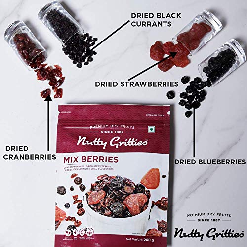 Image of Nutty Gritties Mixed Dry Fruits and Berries Combo, 1.2Kg | California Almonds, Cashews Nuts, Long Green Raisins, California Walnuts Kernels, Roasted Salted Pistachios Pista, Mix Berries (200g Each)