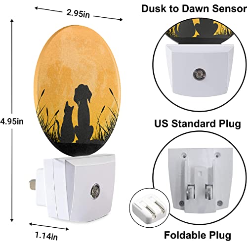 Image of Best Friends Night Light Cute Dog and Cat on The Moon Night Lights Plug into Wall 0.5W LED Lighting Auto on /Off for Hallway Stairway Kitchen Home Decor
