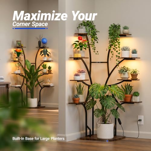Image of Barrina LS13 Corner Plant Stand with Grow Lights, 9-Tier, Full Spectrum | 63.8 inch Tall Plant Shelf, Warm T5 Grow Light, Timer, Tree-Shape Corner Flower Holder for Living Room, Home Decor, Gardening