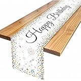 WEXFFU Tischläufer Geburtstag Schwarz Gold,Tischdecke Geburtstag mit Konfetti,Happy Birthday Tischläufer für Junge Mädchen Party Geburtstagsdeko (Weiß)
