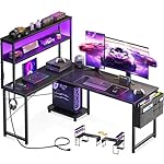 AODK L Shaped Desk Gaming Desk with LED Light & Power Outlet, 53 Inch Reversible L Shaped Computer Table with Shelf & Storage Bag & Hook for Home Office, Black