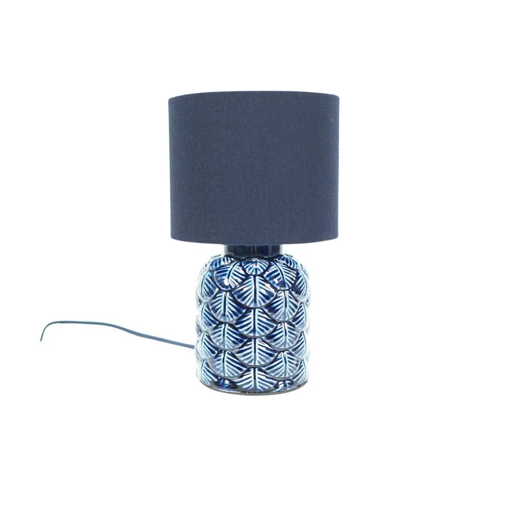 ValueLights Priyah Navy Ceramic Scallop Table Lamp with Fabric Shade & LED Bulb in Blue