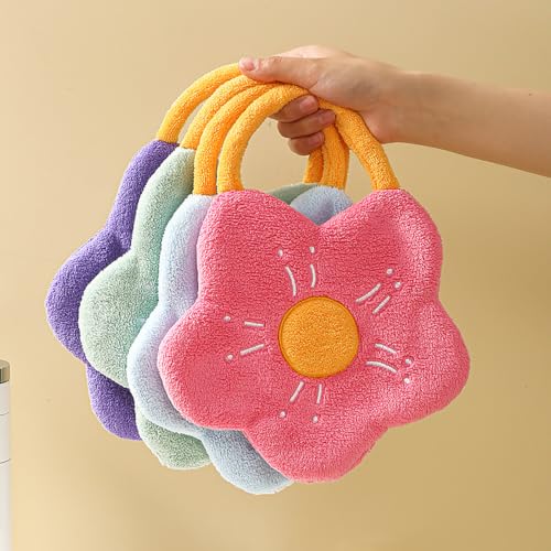Image of House of Quirk Flower Shaped Hanging Towels Set of 2 | Soft Coral Fleece Kitchen & Bathroom Towels | Super Absorbent & Quick-Dry Decorative Cloths (Pink /Green)