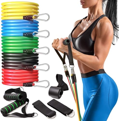 Image of Resistance Bands Set for Exercise Stretching and Workout Toning Tube Kit with Foam Handles, Door Anchor, Ankle Strap and Carry Bag for Men and Women