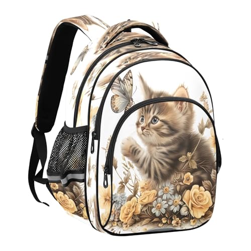 17 Inch Backpack for Kids, Cute Cat Flower Butterfly Ergonomic Backpack for Kids2